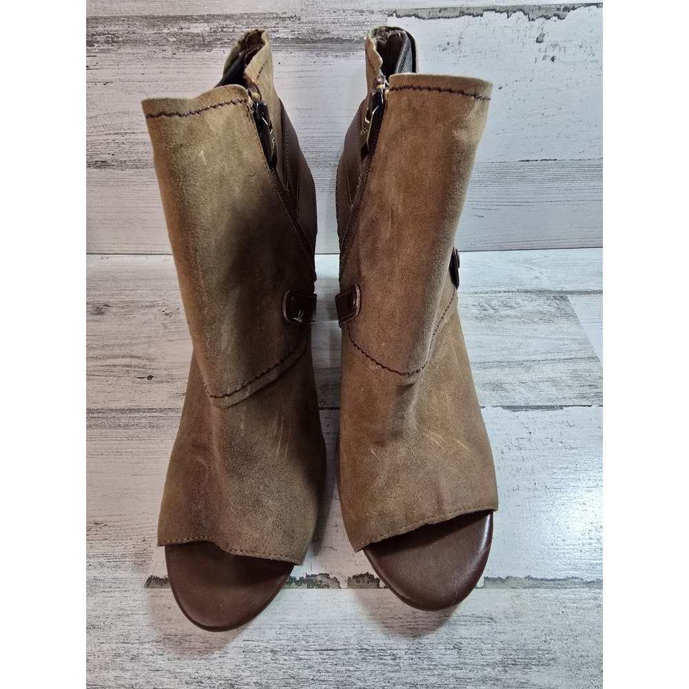 Fergie Roland Brown Suede Leather Peep Toe Ankle Boots Buckle Block Heel 10M